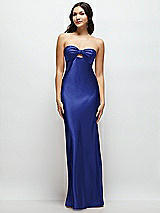 Front View Thumbnail - Cobalt Blue Strapless Bow-Bandeau Cutout Satin Maxi Slip Dress