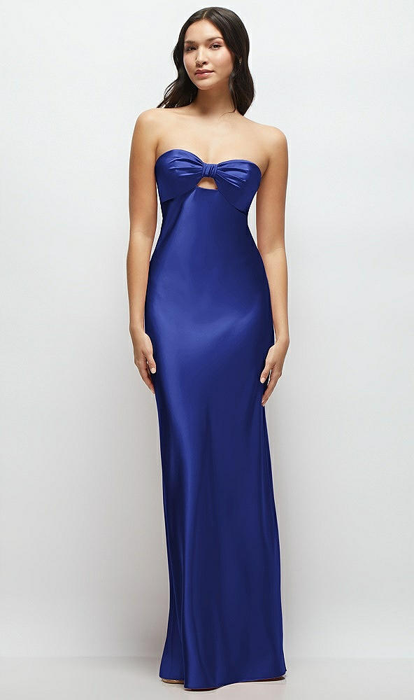 Front View - Cobalt Blue Strapless Bow-Bandeau Cutout Satin Maxi Slip Dress