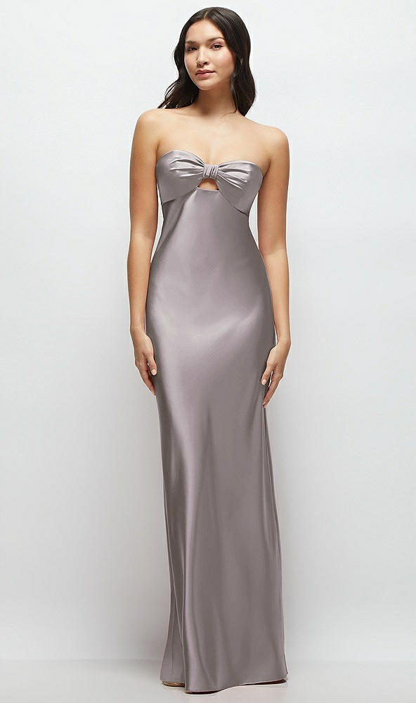 Front View - Cashmere Gray Strapless Bow-Bandeau Cutout Satin Maxi Slip Dress