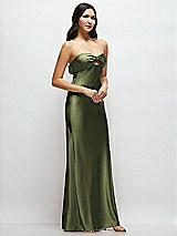 Side View Thumbnail - Olive Green Strapless Bow-Bandeau Cutout Satin Maxi Slip Dress