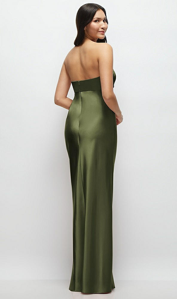 Back View - Olive Green Strapless Bow-Bandeau Cutout Satin Maxi Slip Dress