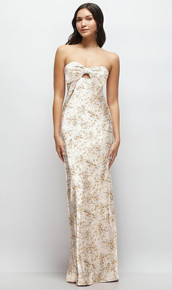 Front View - Golden Hour Strapless Bow-Bandeau Cutout Floral Satin Maxi Slip Dress
