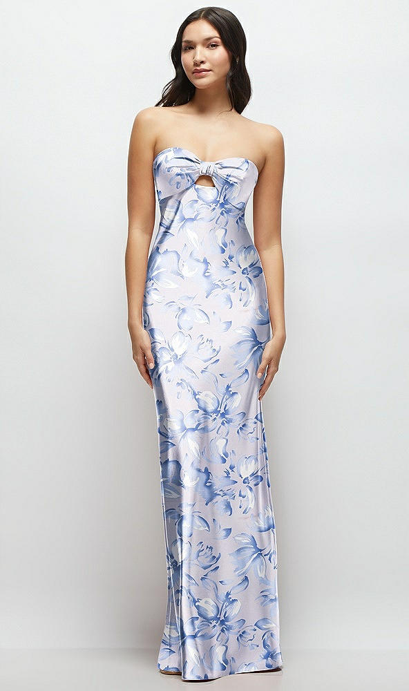 Front View - Magnolia Sky Strapless Bow-Bandeau Cutout Floral Satin Maxi Slip Dress