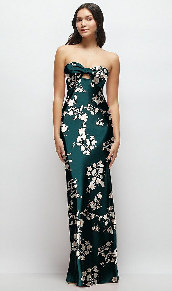 Front View - Vintage Primrose Evergreen Strapless Bow-Bandeau Cutout Floral Satin Maxi Slip Dress