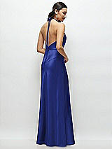 Rear View Thumbnail - Cobalt Blue High Halter Tie-Strap Open-Back Satin Maxi Dress
