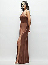 Side View Thumbnail - Cognac High Halter Tie-Strap Open-Back Satin Maxi Dress