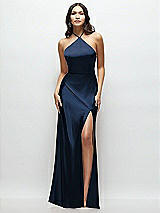 Front View Thumbnail - Midnight Navy High Halter Tie-Strap Open-Back Satin Maxi Dress