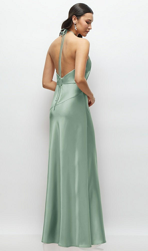 Back View - Seagrass High Halter Tie-Strap Open-Back Satin Maxi Dress