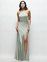 Front View Thumbnail - Willow Green High Halter Tie-Strap Open-Back Satin Maxi Dress