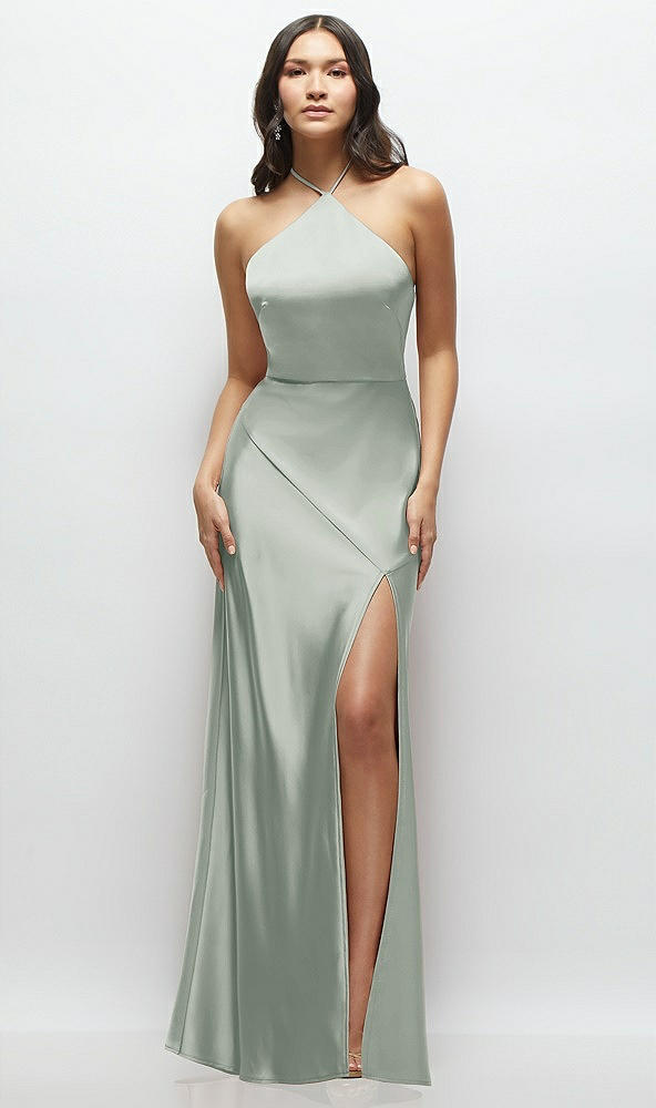 Front View - Willow Green High Halter Tie-Strap Open-Back Satin Maxi Dress