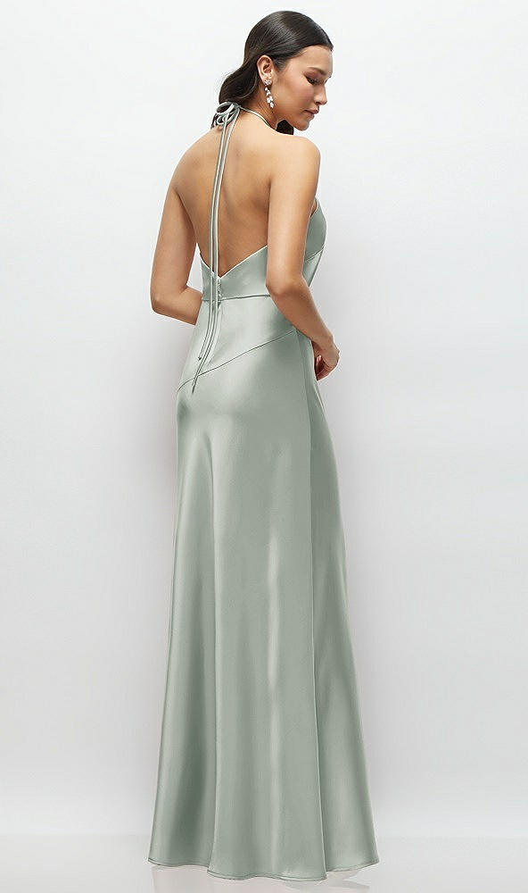 Back View - Willow Green High Halter Tie-Strap Open-Back Satin Maxi Dress