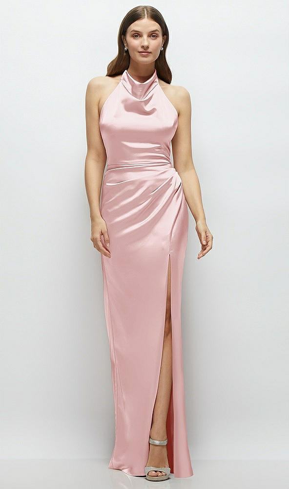 Front View - Ballet Pink Cowl Halter Open-Back Satin Maxi Dress