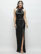 Front View Thumbnail - Black Cowl Halter Open-Back Satin Maxi Dress
