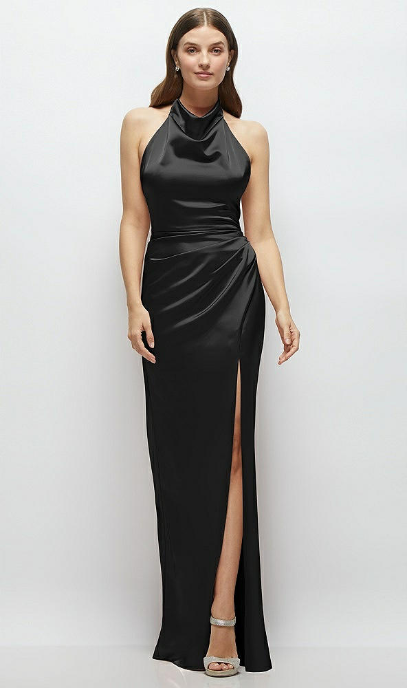 Front View - Black Cowl Halter Open-Back Satin Maxi Dress