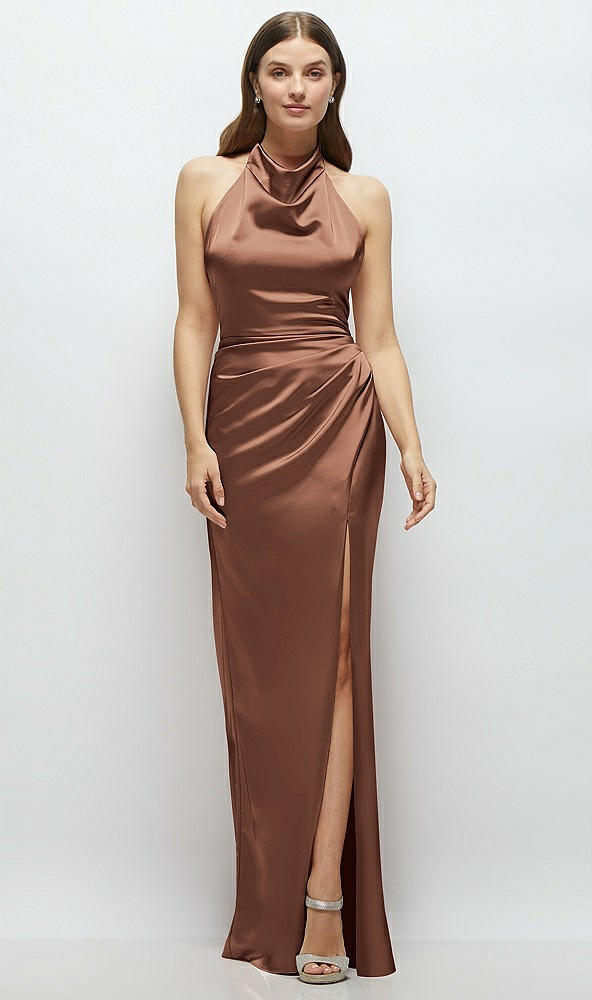 Front View - Cognac Cowl Halter Open-Back Satin Maxi Dress