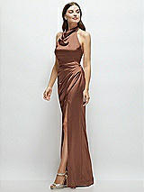 Side View Thumbnail - Cognac Cowl Halter Open-Back Satin Maxi Dress