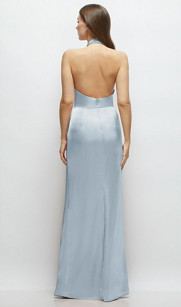 Back View - Mist Cowl Halter Open-Back Satin Maxi Dress