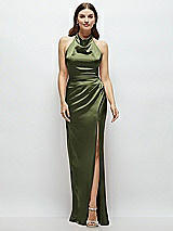 Front View Thumbnail - Olive Green Cowl Halter Open-Back Satin Maxi Dress