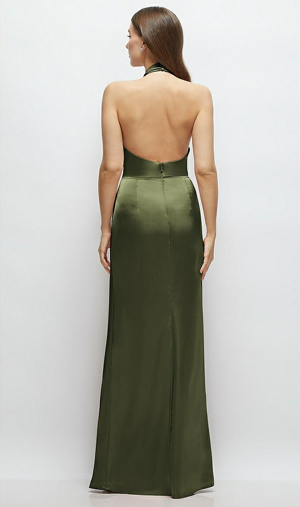 Back View - Olive Green Cowl Halter Open-Back Satin Maxi Dress
