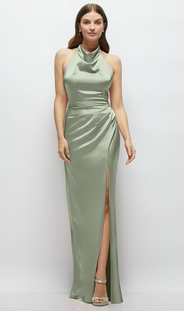 Front View - Sage Cowl Halter Open-Back Satin Maxi Dress