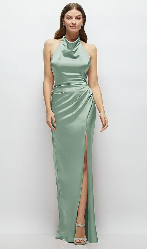 Front View - Seagrass Cowl Halter Open-Back Satin Maxi Dress
