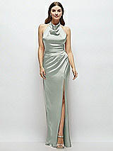 Front View Thumbnail - Willow Green Cowl Halter Open-Back Satin Maxi Dress