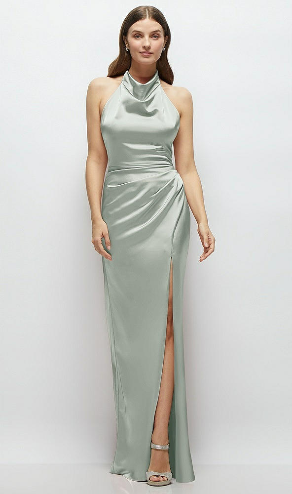 Front View - Willow Green Cowl Halter Open-Back Satin Maxi Dress