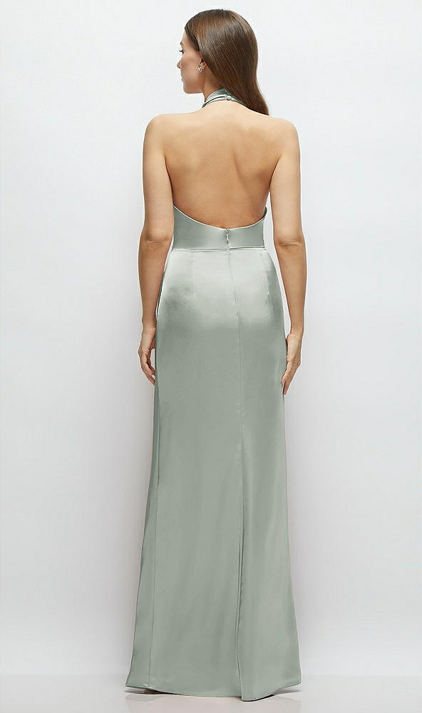 Back View - Willow Green Cowl Halter Open-Back Satin Maxi Dress