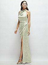 Side View Thumbnail - Vintage Primrose Celadon Cowl Halter Open-Back Floral Satin Maxi Dress