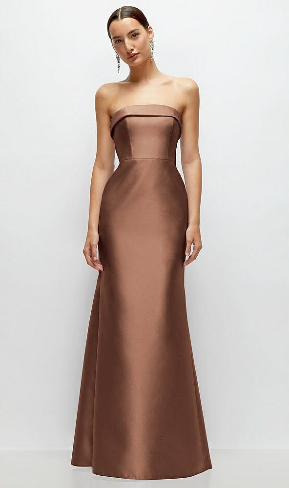 Front View - Cognac Strapless Cuff Neckline Satin Trumpet Gown