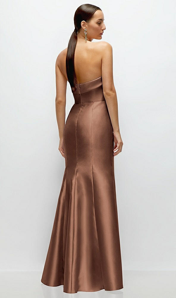 Back View - Cognac Strapless Cuff Neckline Satin Trumpet Gown