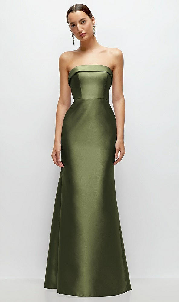 Front View - Olive Green Strapless Cuff Neckline Satin Trumpet Gown