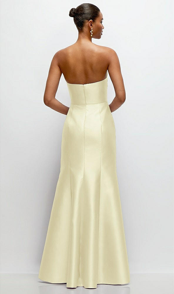 Back View - Butter Yellow Strapless Cat-Eye Draped Bodice Satin Tumpet Dress