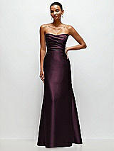 Front View Thumbnail - Deep Plum Strapless Cat-Eye Draped Bodice Satin Tumpet Dress
