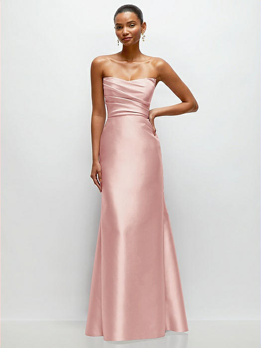 Strapless Cat-Eye Draped Bodice Satin Tumpet Dress