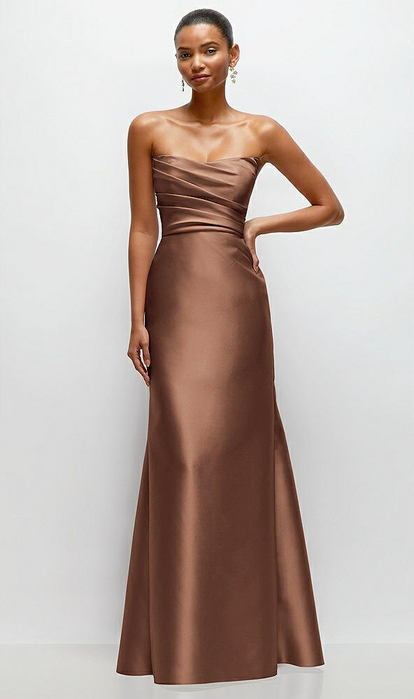 Front View - Cognac Strapless Cat-Eye Draped Bodice Satin Tumpet Dress