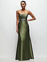 Front View Thumbnail - Olive Green Strapless Cat-Eye Draped Bodice Satin Tumpet Dress