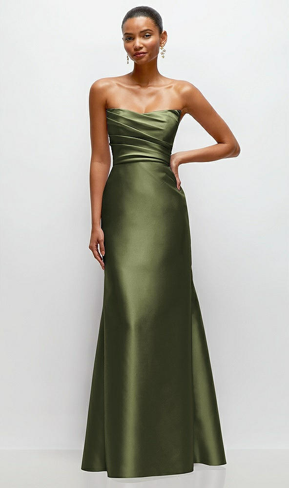 Front View - Olive Green Strapless Cat-Eye Draped Bodice Satin Tumpet Dress