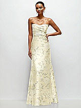 Front View Thumbnail - Butter Yellow Floral Strapless Cat-Eye Draped Bodice Floral Satin Tumpet Dress