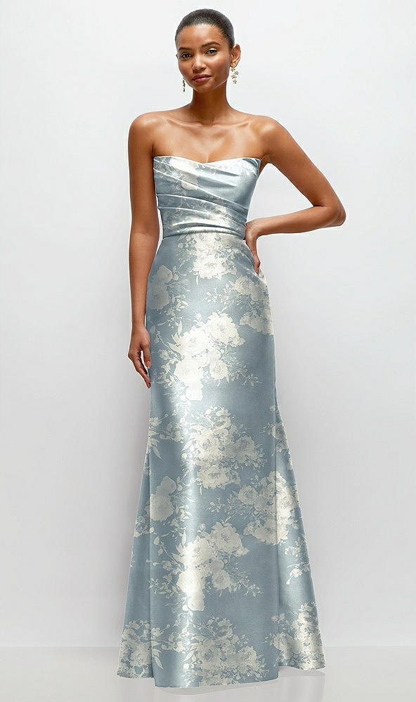 Front View - Porcelain Blue Seraphina Floral Strapless Cat-Eye Draped Bodice Floral Satin Tumpet Dress
