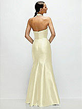 Rear View Thumbnail - Butter Yellow High-Neck Halter Open-Back Satin Trumpet Dress 