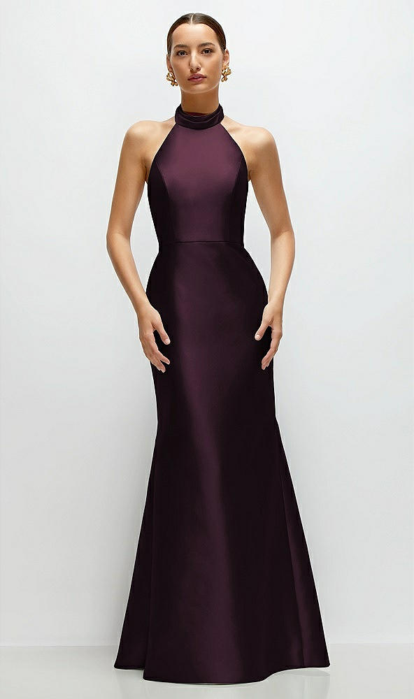Front View - Deep Plum High-Neck Halter Open-Back Satin Trumpet Dress 