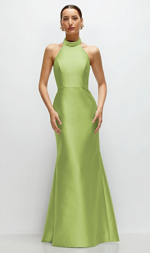 Front View - Mojito High-Neck Halter Open-Back Satin Trumpet Dress