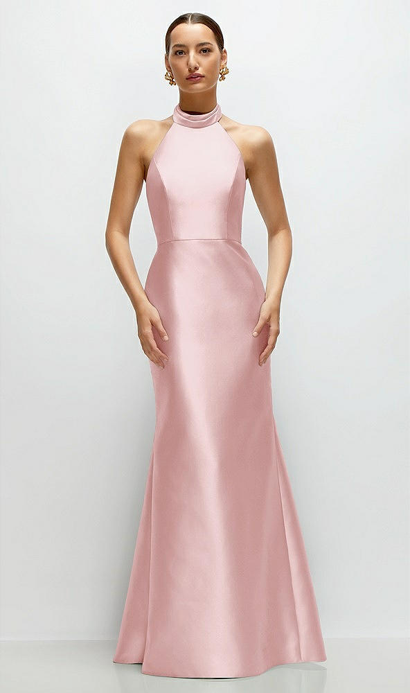 Front View - Ballet Pink High-Neck Halter Open-Back Satin Trumpet Dress