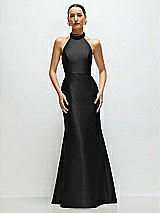 Front View Thumbnail - Black High-Neck Halter Open-Back Satin Trumpet Dress