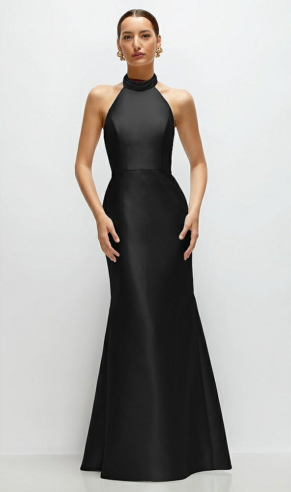Front View - Black High-Neck Halter Open-Back Satin Trumpet Dress