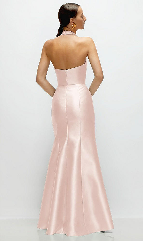 Back View - Blush High-Neck Halter Open-Back Satin Trumpet Dress