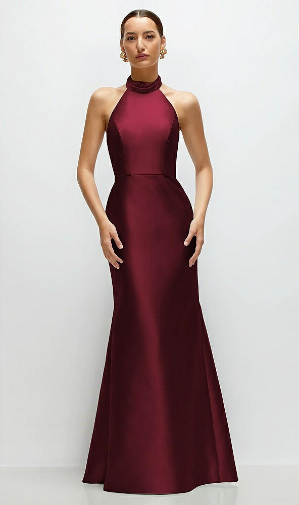 Front View - Cabernet High-Neck Halter Open-Back Satin Trumpet Dress