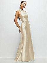 Side View Thumbnail - Champagne High-Neck Halter Open-Back Satin Trumpet Dress