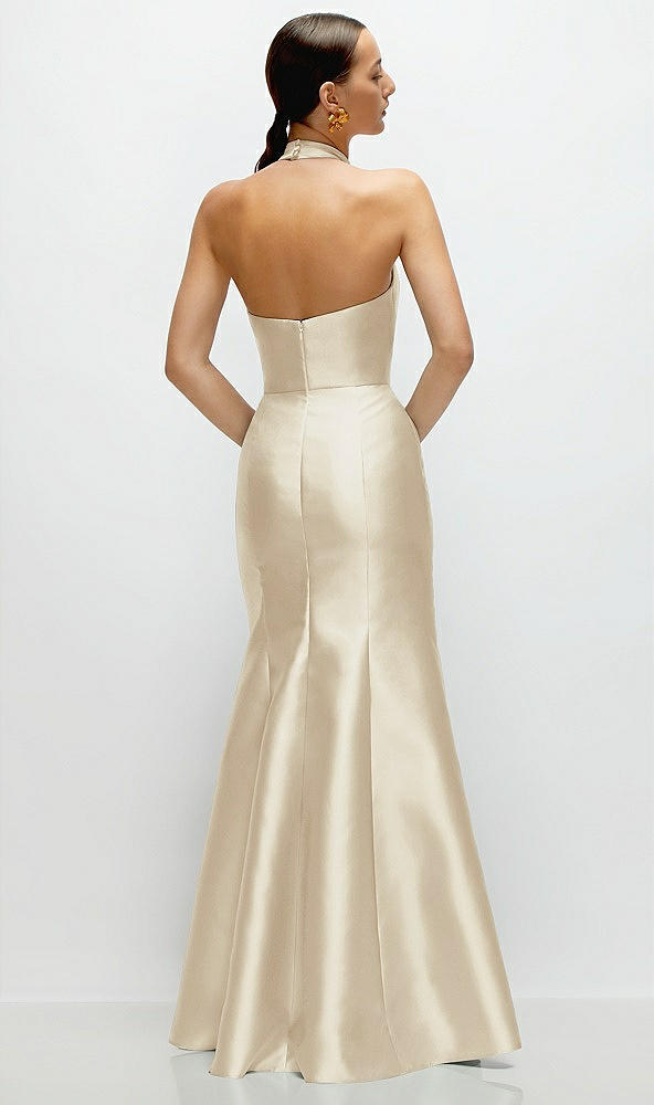 Back View - Champagne High-Neck Halter Open-Back Satin Trumpet Dress